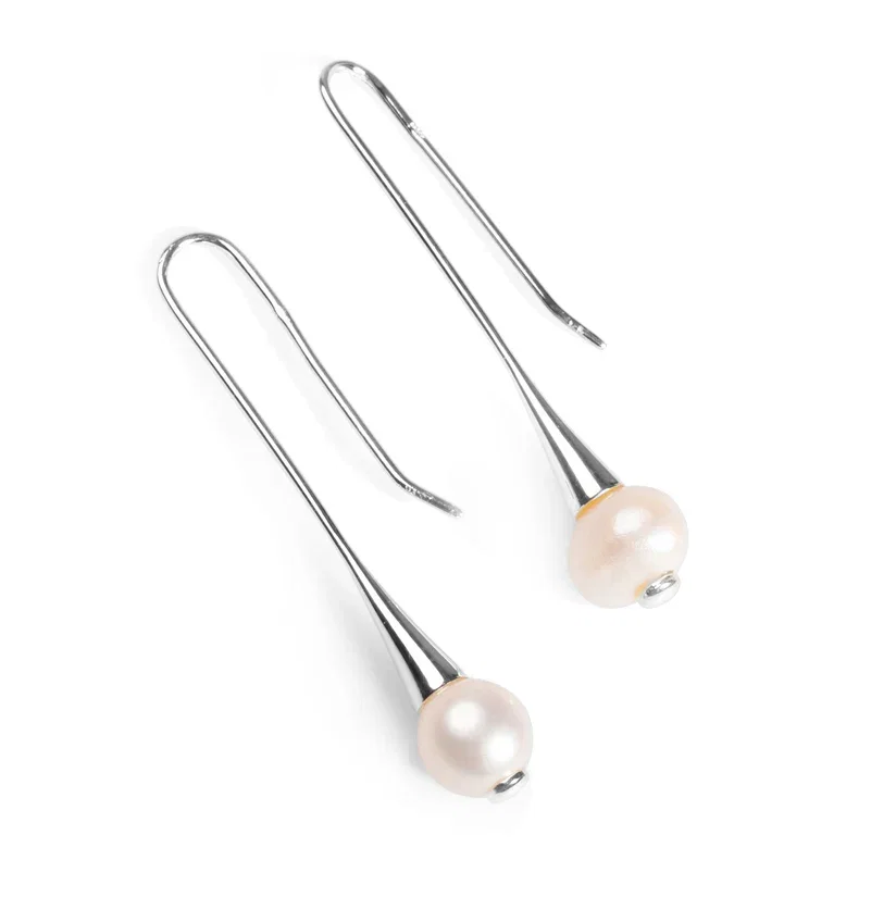 Image of Elegant Open Hook Earrings in Silver and Pearl