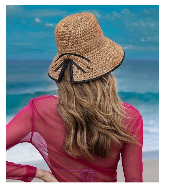 Two women wearing straw hats by the beach and in a garden setting.