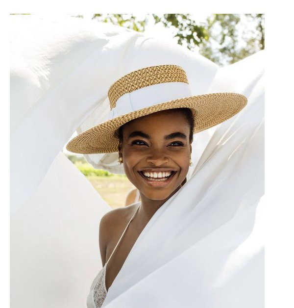 Two women wearing straw hats by the beach and in a garden setting.