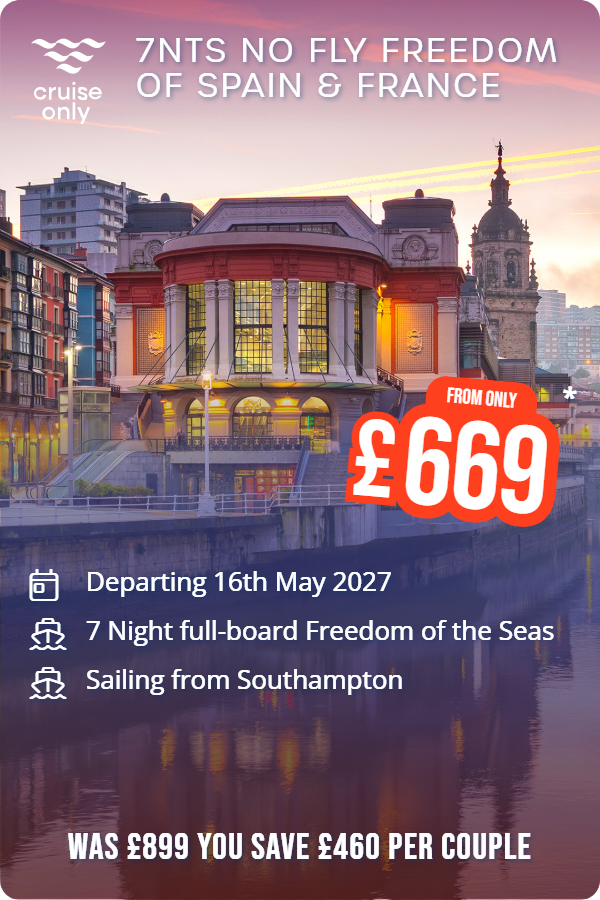 7nts No Fly Freedom of Spain & France – Cruise Only promotional image. From £669 Includes: Departing 16th May 2027, 7 Night full-board Freedom of the Seas, Sailing from Southampton. WAS £899 YOU SAVE £460 PER COUPLE