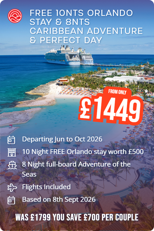FREE 10nts Orlando Stay & 8nts Caribbean Adventure & Perfect Day – Smart Holiday promotional image. From £1,449 Includes: Departing Jun to Oct 2026, 10 Night FREE Orlando stay worth £500, 8 Night full-board Adventure of the Seas, Flights Included, Based on 8th Sept 2026. WAS £1799 YOU SAVE £700 PER COUPLE