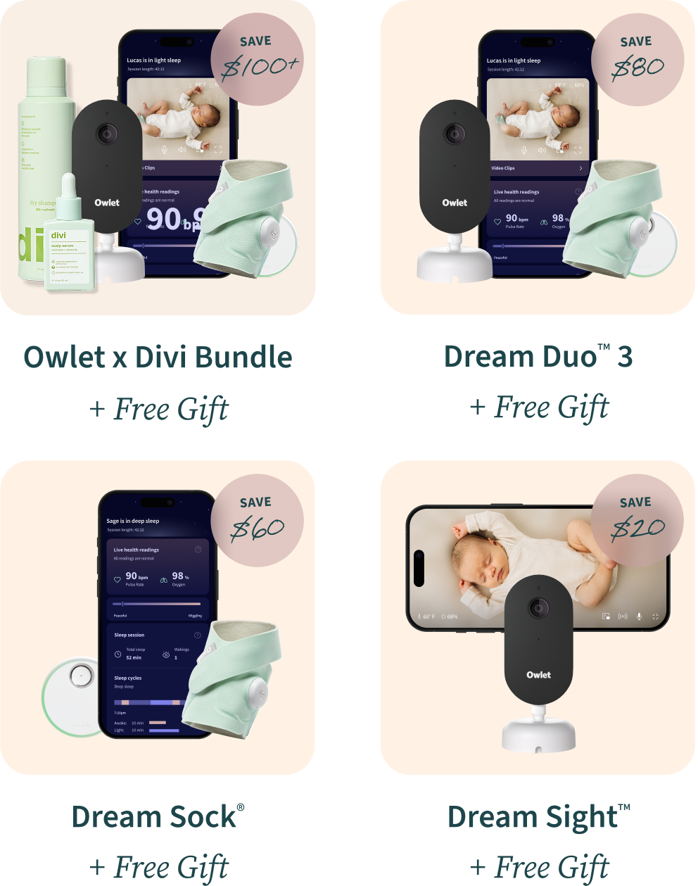 Owlet x Divi Bundle + Free Gift | Dream Duo™ 3 + Free Gift | Dream Sock® + Free Gift | Dream Sight™ + Free Gift
