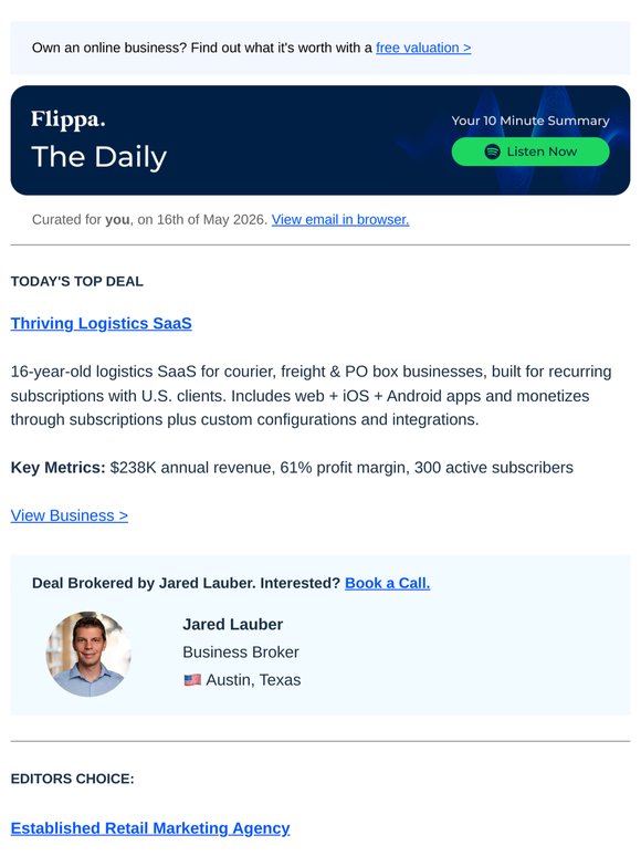 $1.2M Retail Agency + 16-Yr Logistics SaaS + 2M Subs Merch Brand