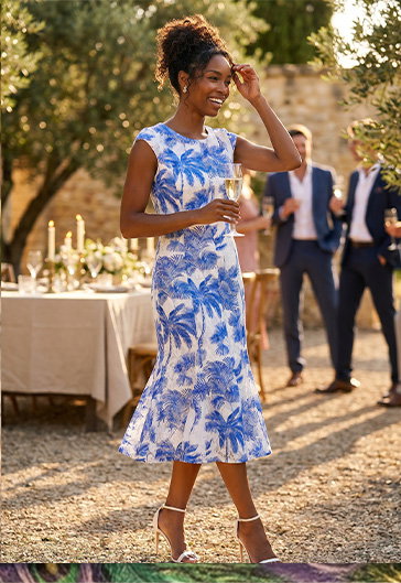 Royal Blue Palm Print Lace Godet Hem Dress