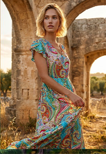 Light Blue Paisley Print Shirred Waist Maxi Dress