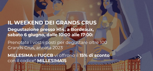  Degustazione presso H14, a Bordeaux, sabato 6 giugno, dalle 10:00 alle 17:00: 100 Proprietà saranno presenti per farvi degustare la loro ultima Annata insieme a una seconda di loro scelta. Millésima e l'UGCB vi offrono il 15% di sconto con il codice* MILLESIMA15