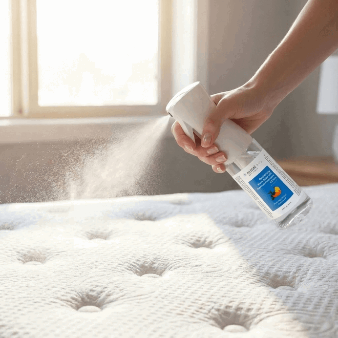 A hand holds a clear spray bottle of Mirai Clinical Persimmon Room Spray and sprays it onto a white tufted mattress. (square)