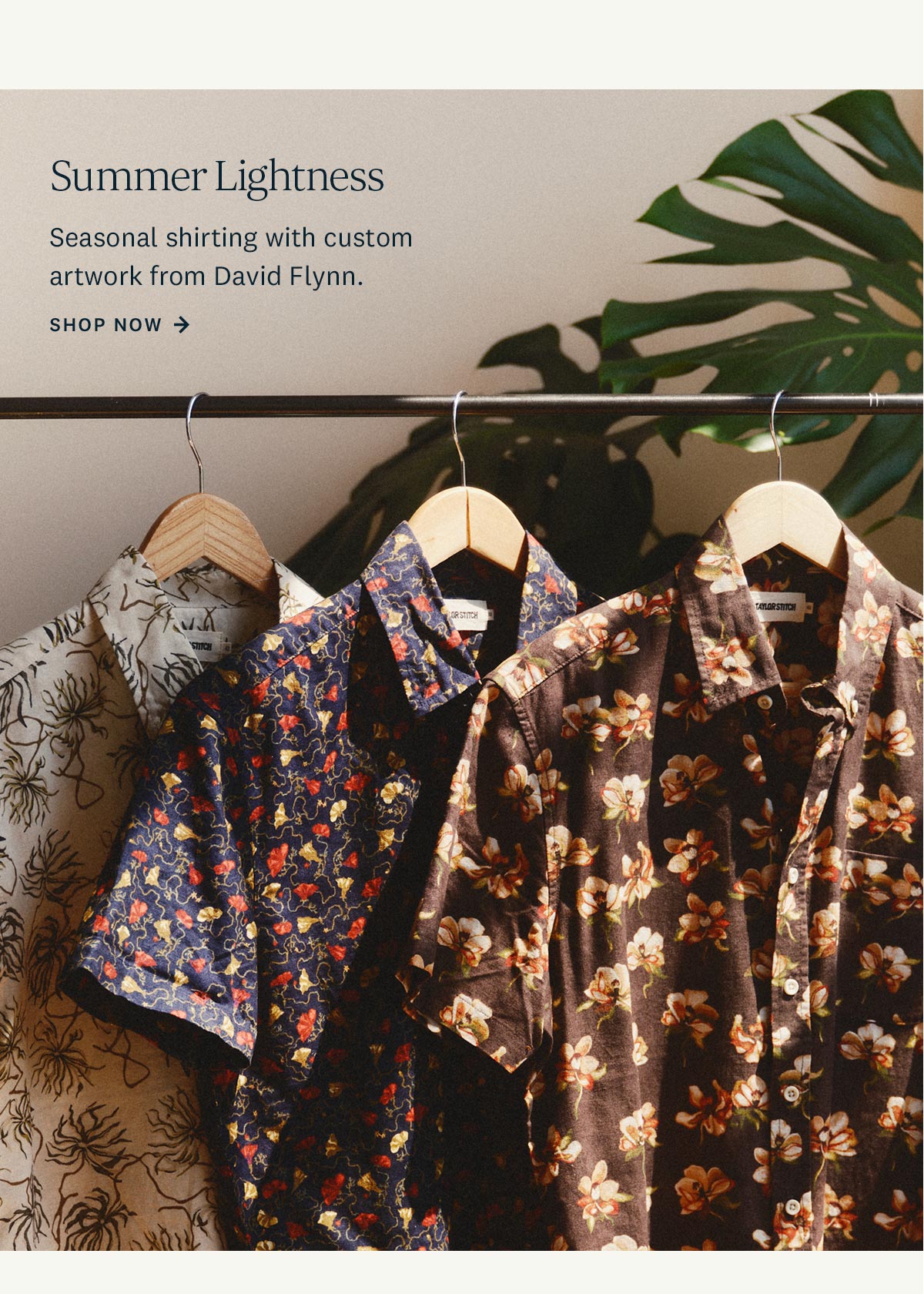 Summer Lightness. Seasonal shirting with custom artwork from David Flynn. Shop Now. 
