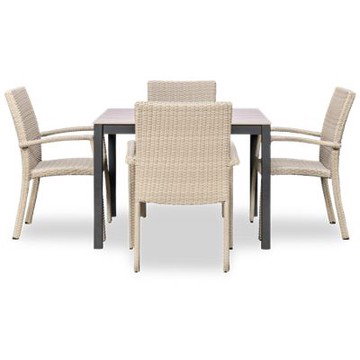 Sydney 5 Piece Dining Set - 41"" Square Table - Durable Durabond Top - Aluminum Base - 4 Stylish Stacking Chairs - Classic Woven Wicker Design