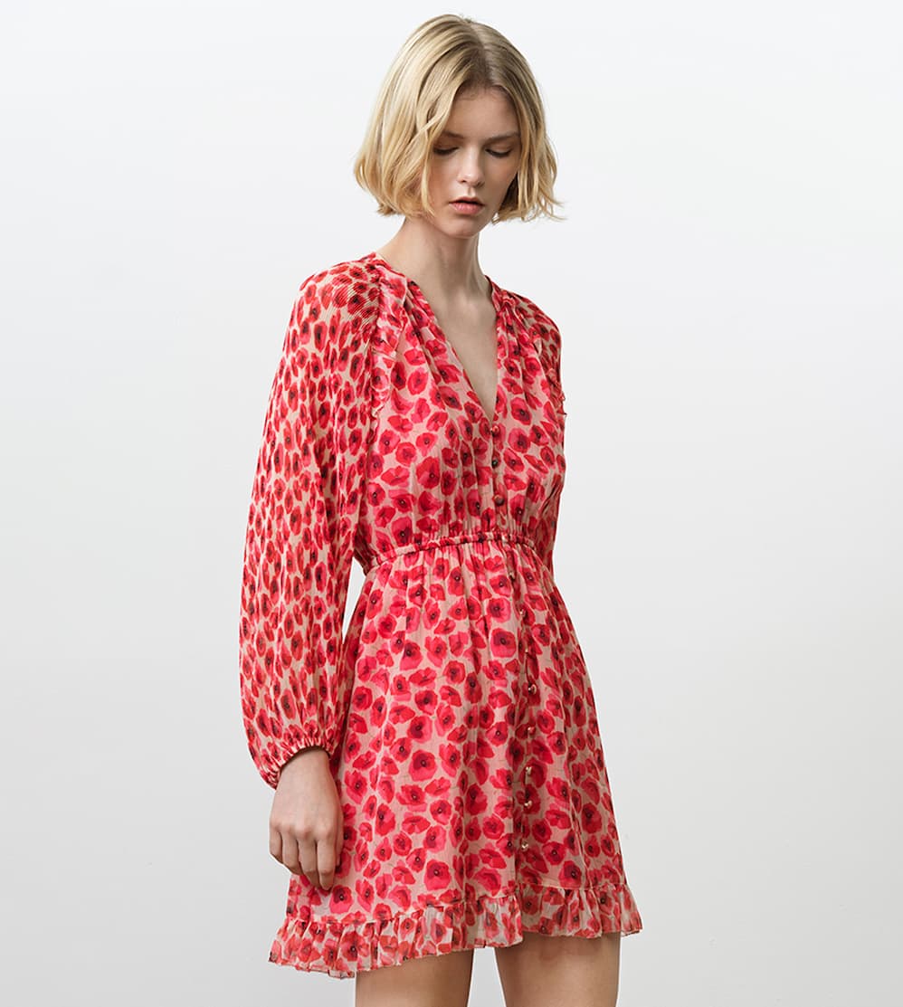 Poppy Emina Pleated Puff Sleeve Mini Dress