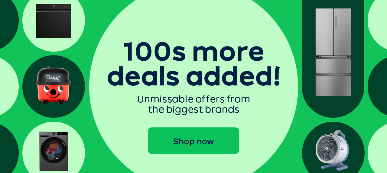 A range of appliances against green backgrounds.