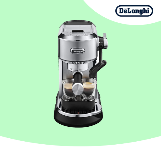 A De’Longhi coffee machine against a green background.