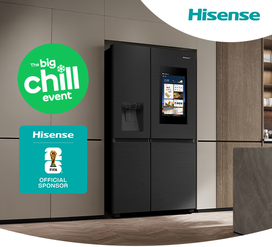 A black Hisense fridge in a modern kitchen.