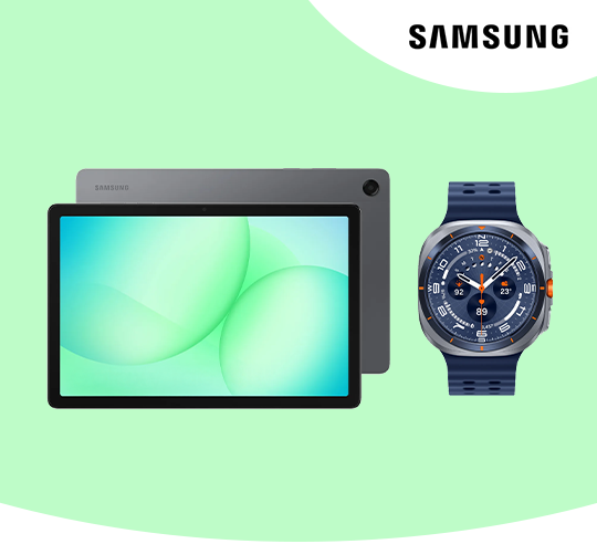 A Samsung tablet and smartwatch against a green background.