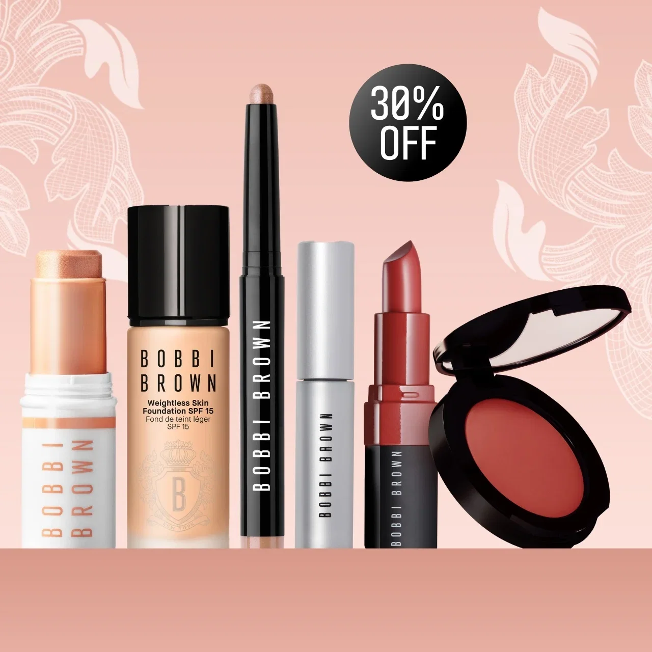 Bobbi Brown bestsellers lined up on a dark pink background.