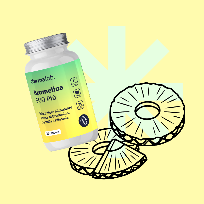 Efarmalab Bromelain 500 Più supplement bottle beside stylised pineapple slices on pale yellow background