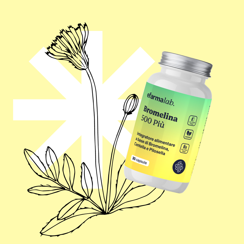 eFarmaLab Bromelina 500 Più bottle (30 capsules) with green-yellow label and botanical sketch on pale yellow background