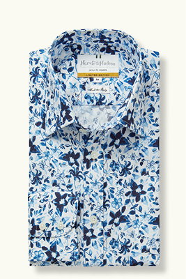 Navy and White Floral Cotton Casual Shirt