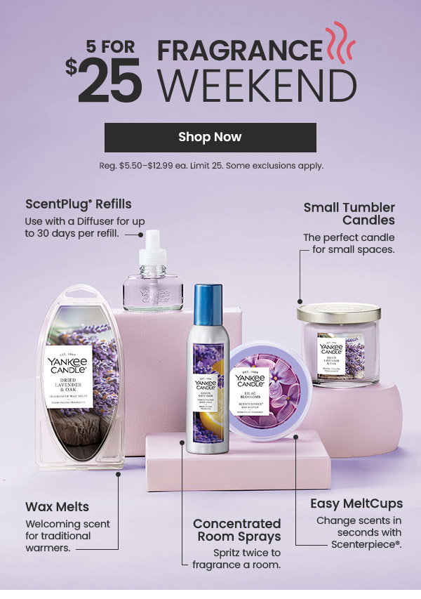 Text offers 5 for 25 fragrance weekend and lists Yankee Candle products with descriptions. Shop now button is shown.