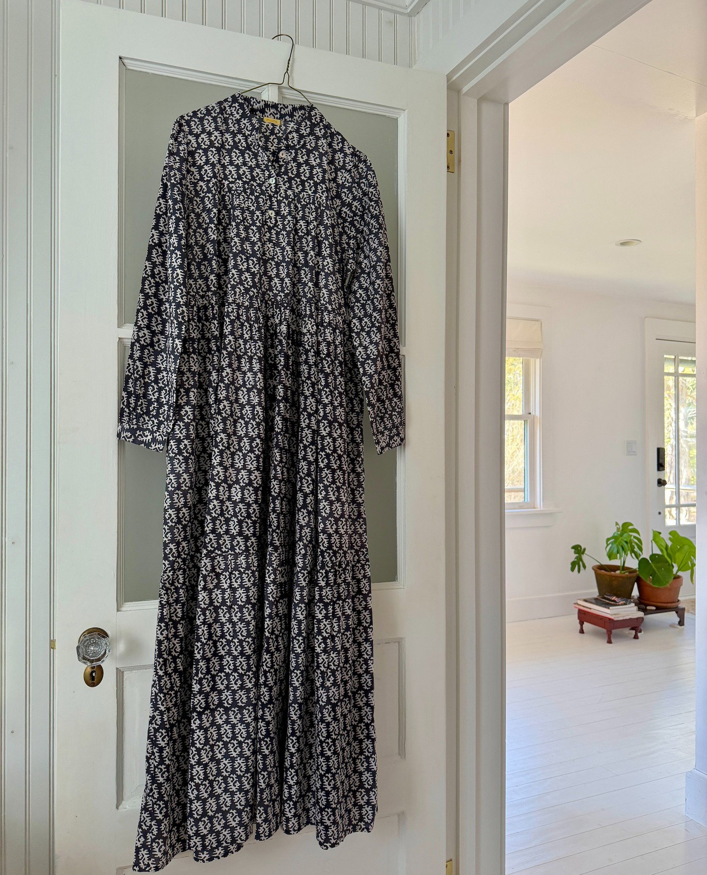 alt="Black and white blockprinted maxi dress"