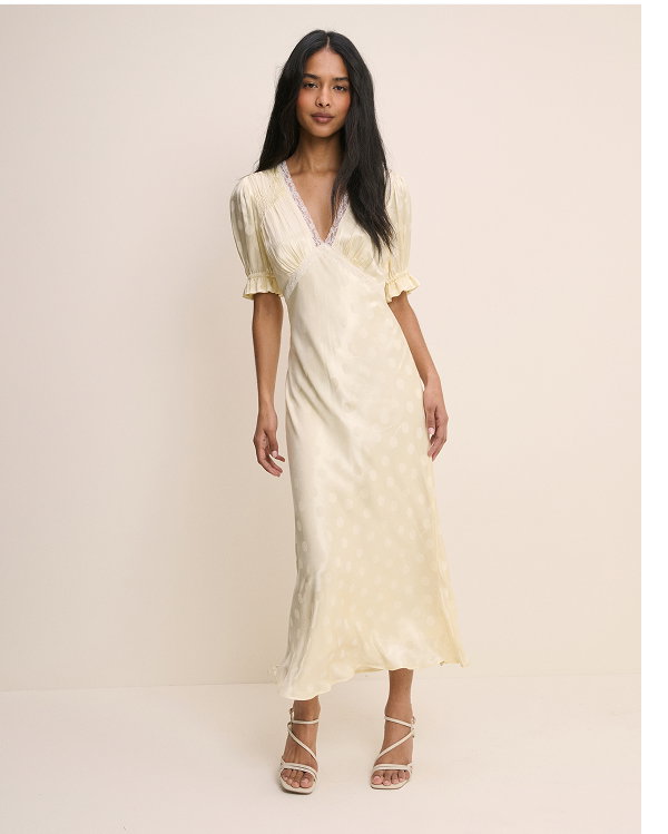 Butter Yellow Polka Dot Satin Angela Midi Dress