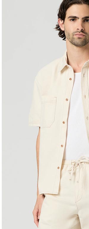 Saion Denim Short Sleeve Shirt in Ecru Rinse.