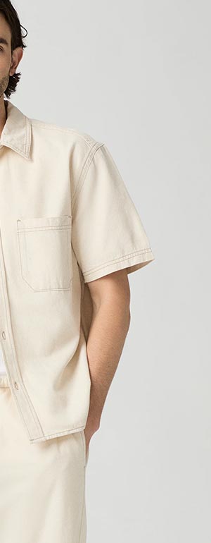 Saion Denim Short Sleeve Shirt in Ecru Rinse.