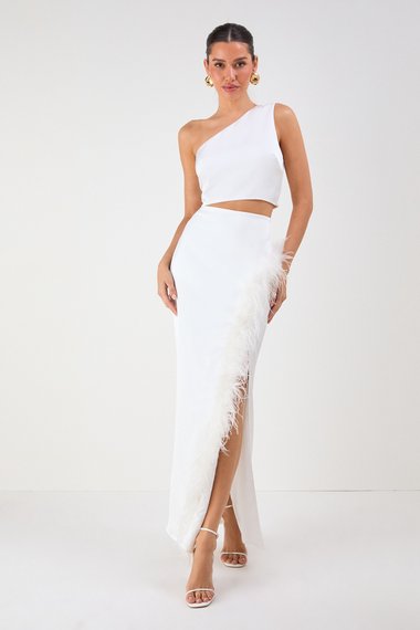 One Shoulder Top & Faux Feather Skirt Co-ord