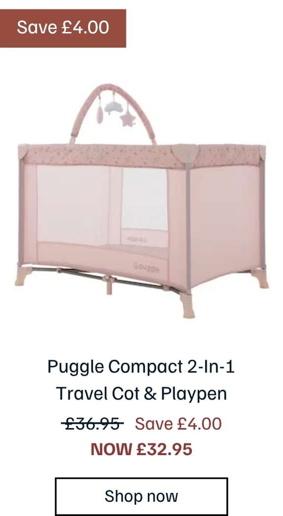 Puggle Compact 2-In-1 Travel Cot & Playpen With Toybar - Scattered Stars Pink