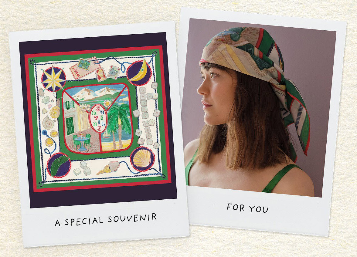 image of Charlotte Adam scarf and model wearing the scarf on her head