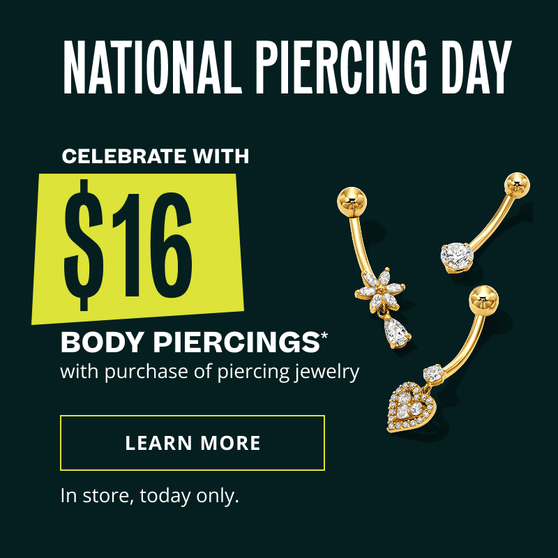 Gold-set diamond belly rings. National Piercing Day. $16 body. IRL May 16. Click here to shop now