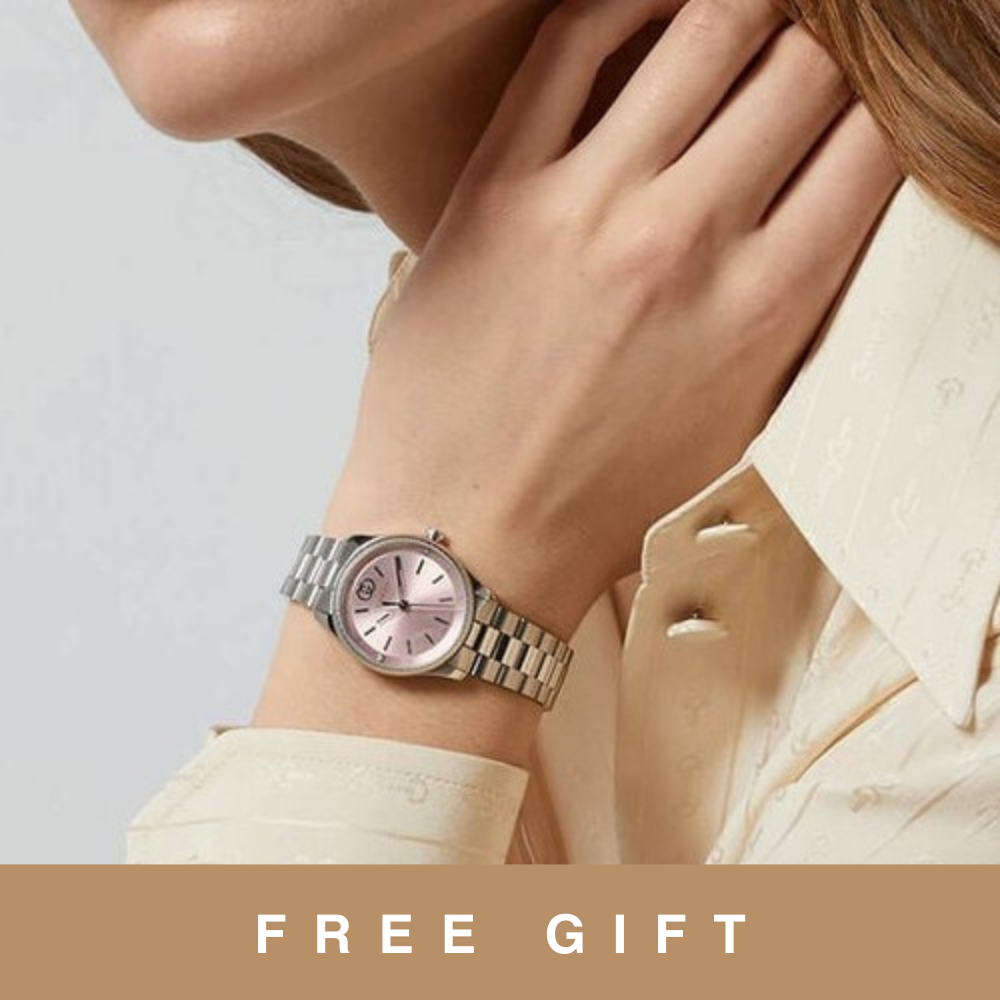 Gucci G-Timeless Quartz 29mm Pink Dial Diamond Dots Steel Bracelet Watch