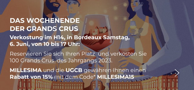 Verkostung im H14, in Bordeaux, am Samstag, den 6. Juni, von 10 bis 17 Uhr: 100 Weingüter werden anwesend sein, um Sie ihren neuesten Jahrgang sowie einen zweiten Jahrgang ihrer Wahl verkosten zu lassen. Millésima und die UGCB gewähren Ihnen 15% Rabatt mit dem Code* MILLESIMA15