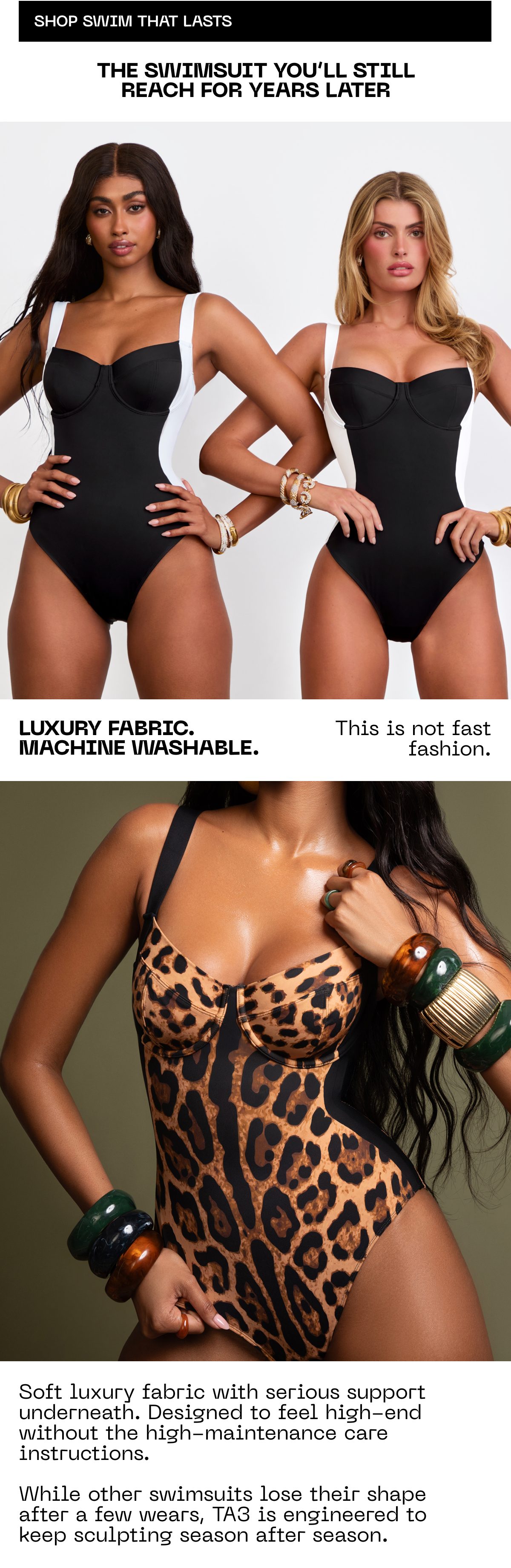Two women in swimsuits, one black and white, the other leopard print, showcasing luxury fabric.