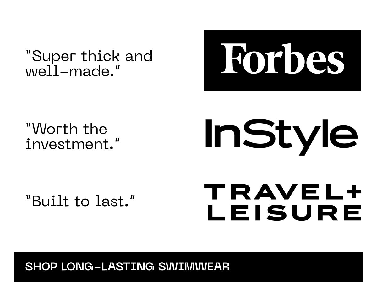 Quotes about swimwear quality and logos from Forbes, InStyle, and Travel + Leisure.