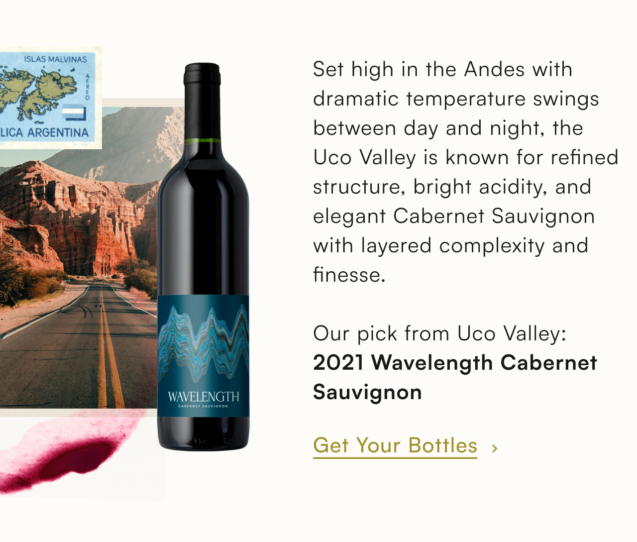 Set high in the Andes with dramatic temperature swings between day and night, the Uco Valley is known for refined structure, bright acidity, and elegant Cabernet Sauvignon with layered complexity and finesse. Our pick from Uco Valley: 2021 Wavelength Cabernet Sauvignon. Get your bottles