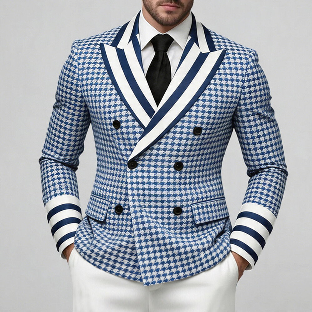 Okaywear Houndstooth Print Contrast Striped Peak Lapel Double-Breasted Blue Blazer