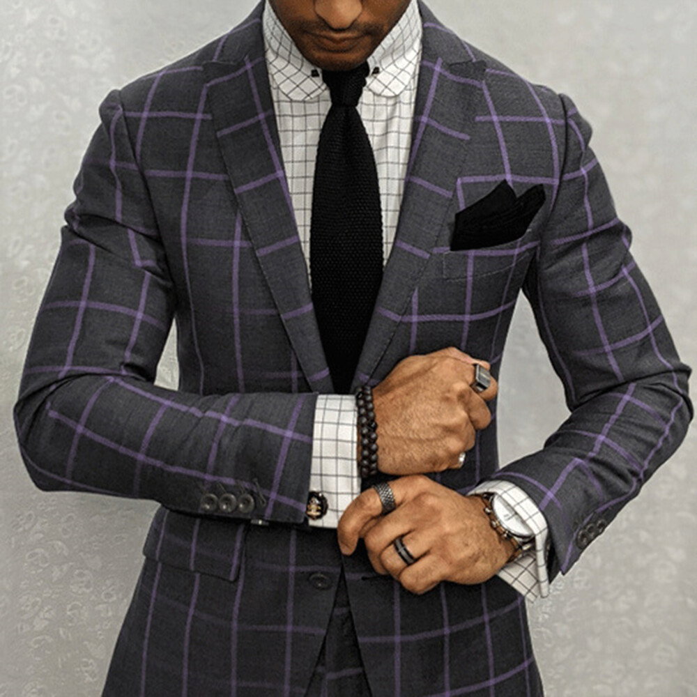 Plaid Print Peak Lapel Single Breasted Slim Fit Dark Gray Business Blazer
