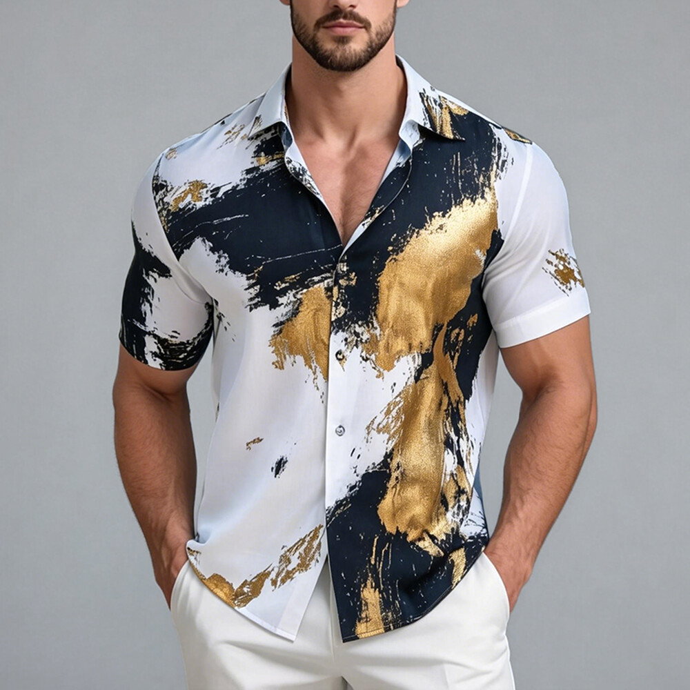 Okaywear Marble Printed Button Up White Short Sleeve Shirt
