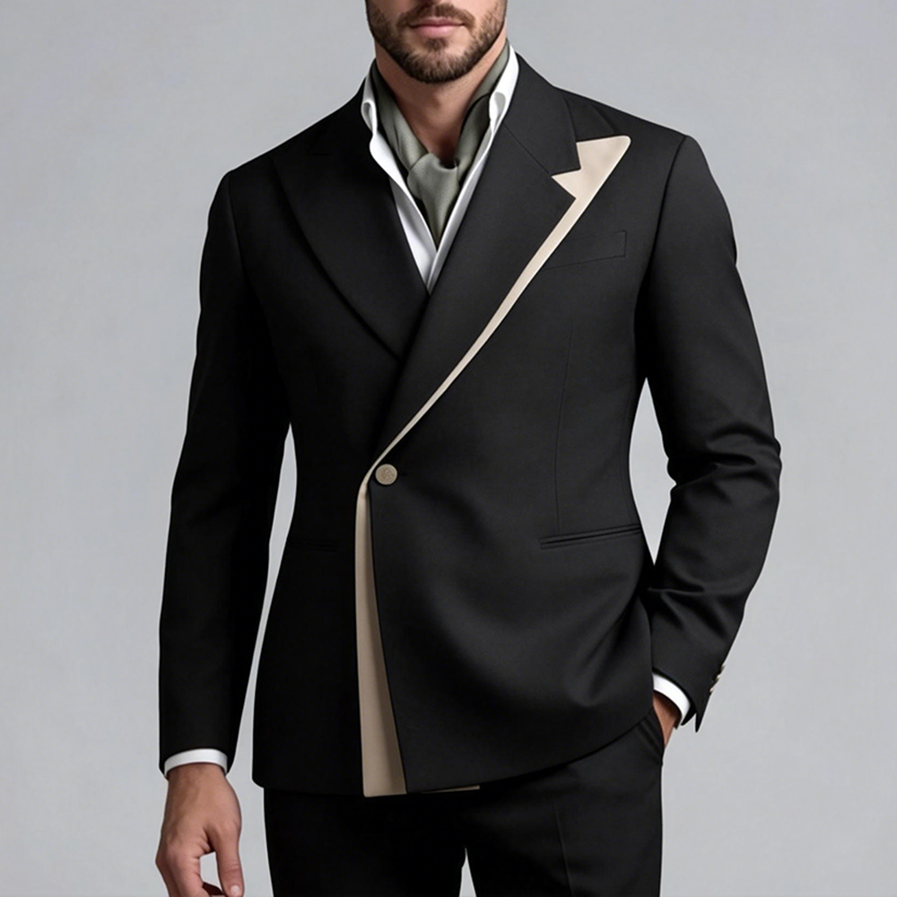 Okaywear Contrast Peak Lapel One Button Black Blazer
