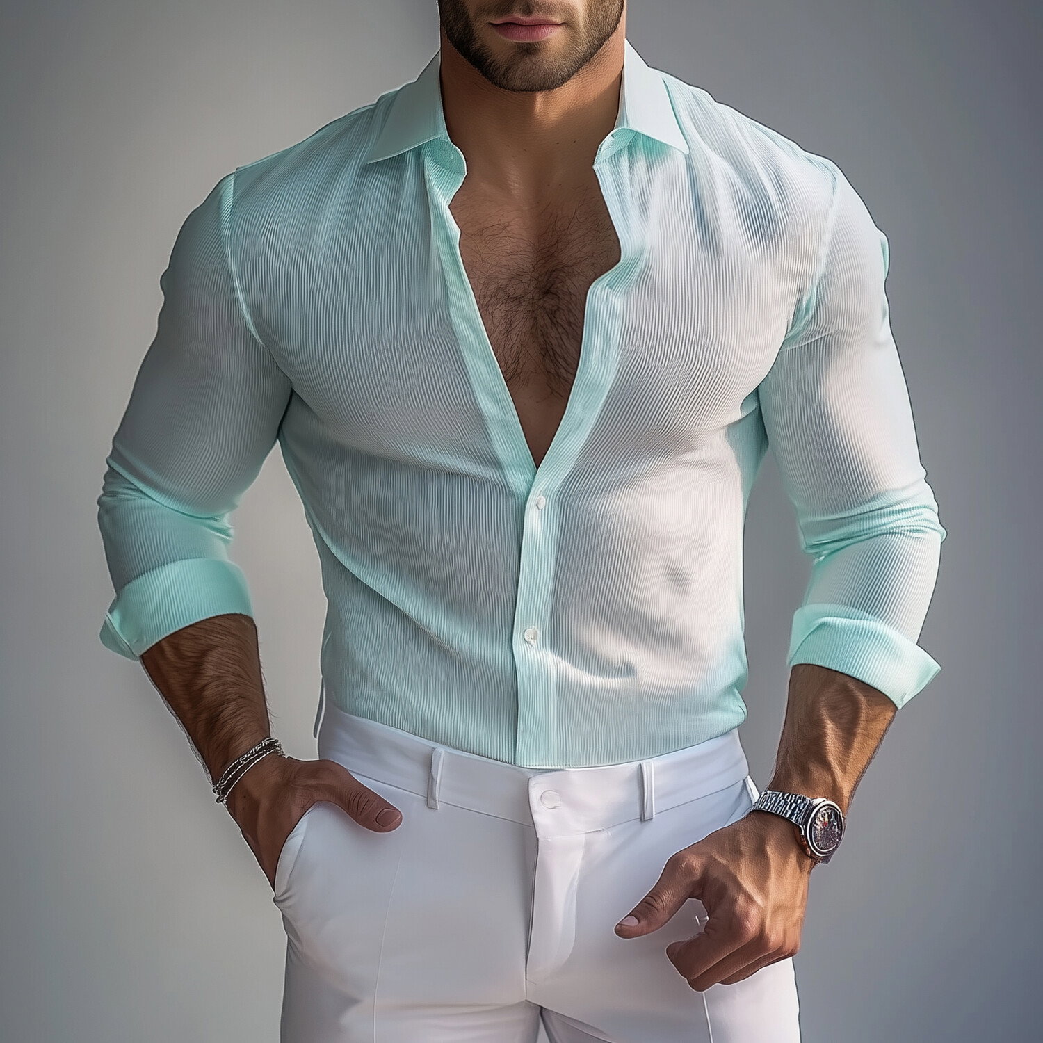 Okaywear Solid Turndown Collar Long Sleeve Button Shirt