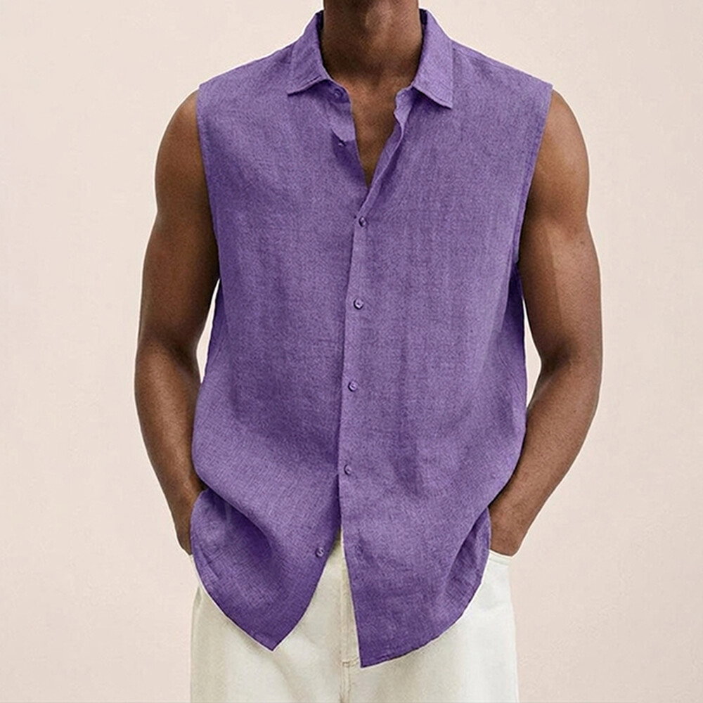Okaywear Turndown Collar Button-Up Plain Purple Sleeveless Shirt