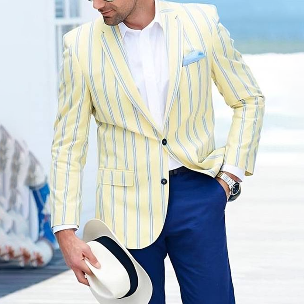 Stripe Printed Notch Lapel Two Button Slim Fit Pale Yellow Blazer