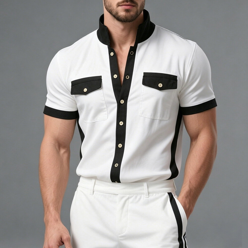 Okaywear Contrast Binding Stand Collar Flap Pockets White Short Sleeve Shirt