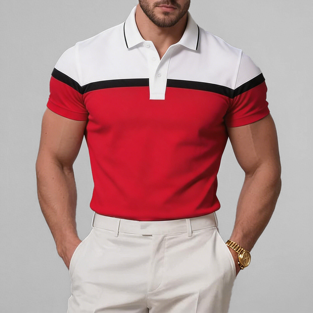 Okaywear Colorblock Turndown Collar Slim Fit Red Polo Shirt