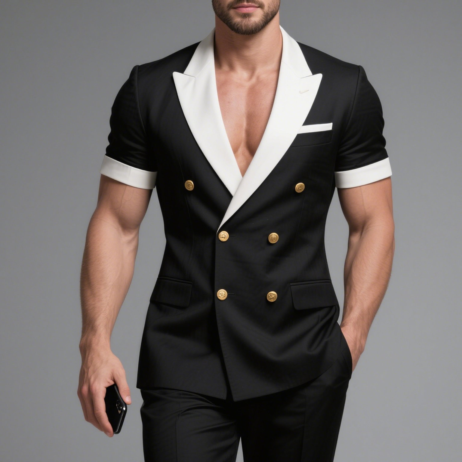 Okaywear Contrast Color Peak Lapel Double Breasted Short Sleeve Blazer