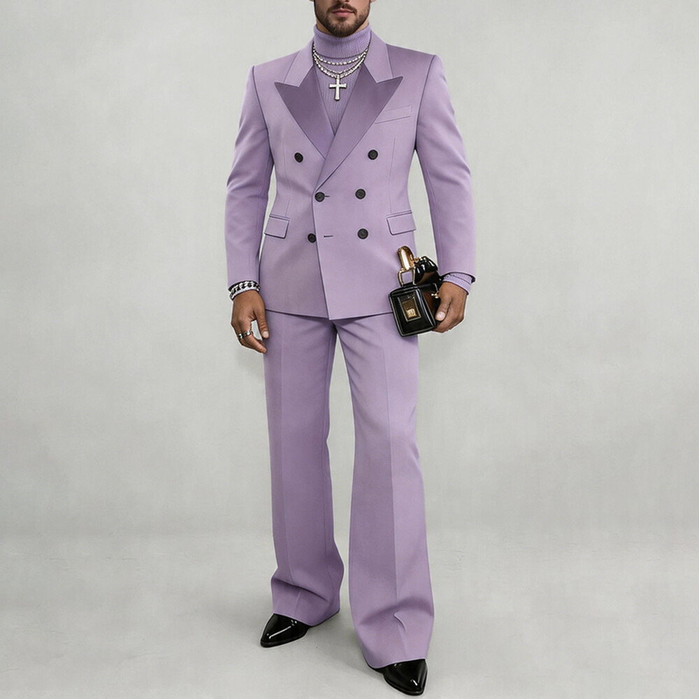 Okaywear Peak Lapel Double Breasted Blazer With Pants Purple Suit