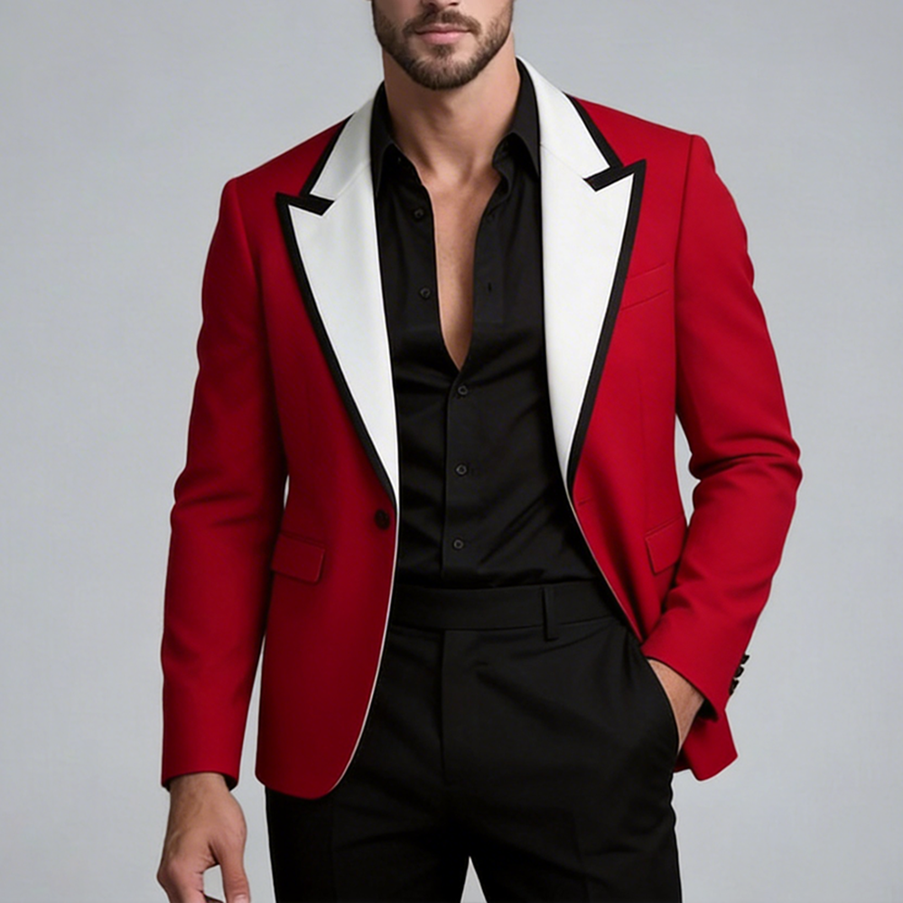 Okaywear Contrast Peak Lapel One Button Red Long Sleeve Blazer
