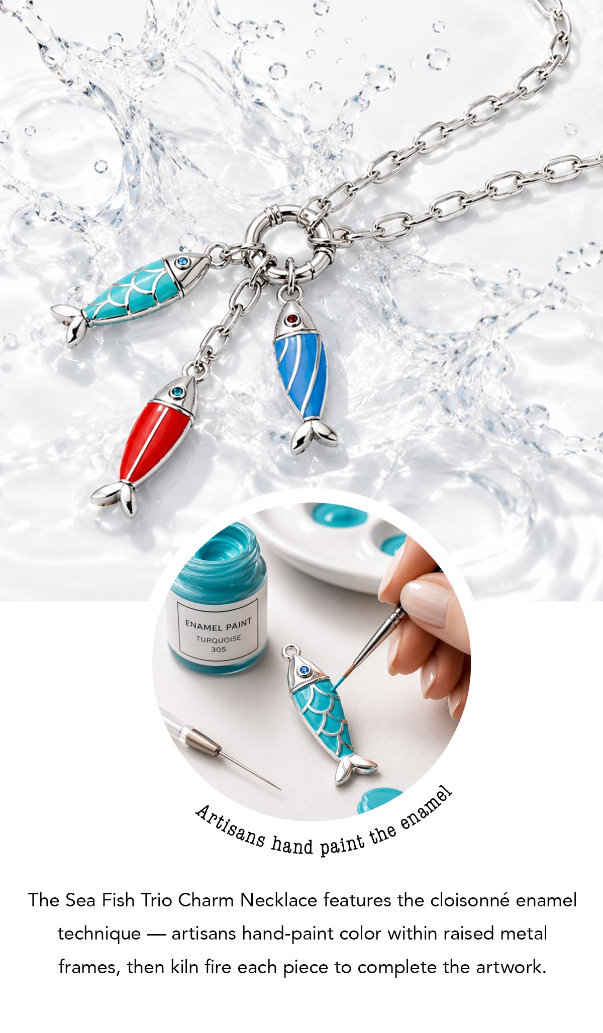 Artisans hand paint the enamel. - The Sea Fish Trio Charm Necklace features the cloisonne enamel technique - artisans hand-paint color within raised metal frames, then kiln fire each piece to complete the artwork. - Shop Now