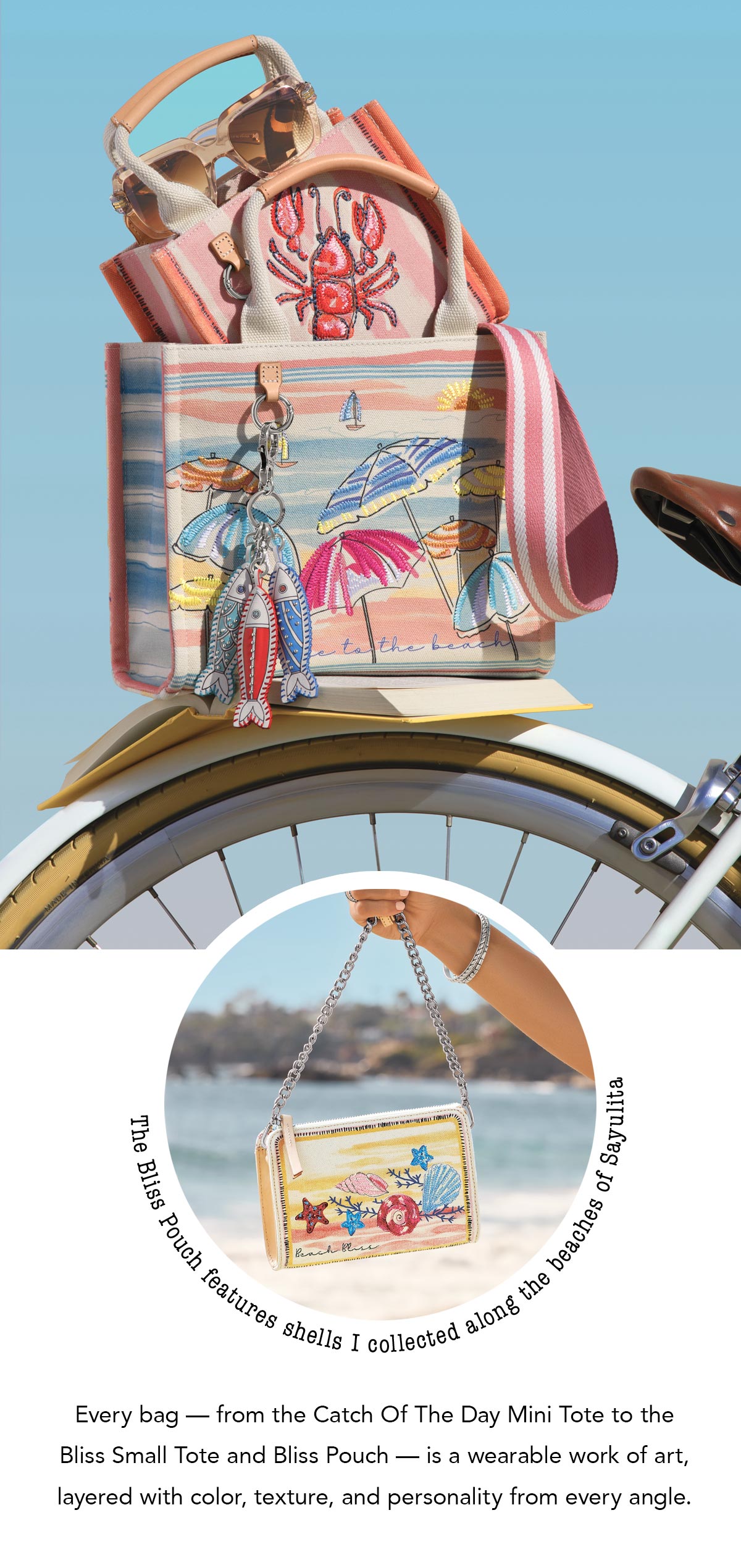 The Bliss Pouch features shells I collected along the beaches of Sayulita. - Every bag - from the Catch Of The Day Mini Tote to the Bliss Small Tote and Bliss Pouch - is a wearable work of art, layered with color, texture, and personality from every angle. - Shop Now